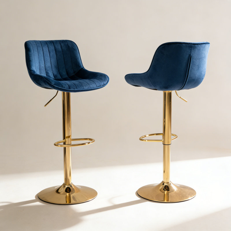 Ensemble de 2 tabourets de bar réglables en hauteur avec repose-pieds et velours mécanique chromés + pieds dorés