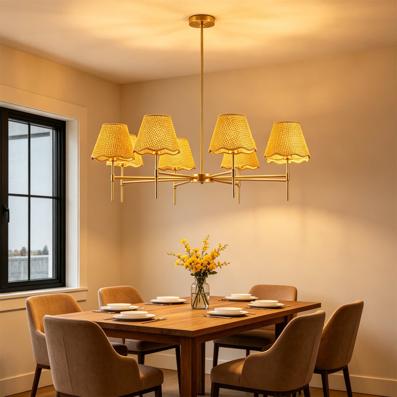 Lustre en rotin doré et naturel, luminaire suspendu réglable homologué UL, 8 lumières
