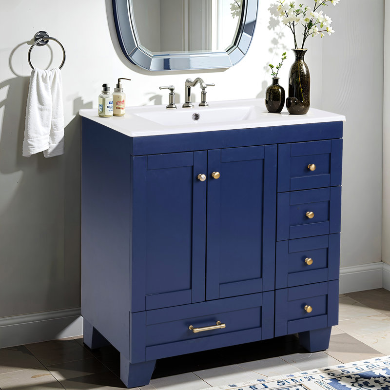Meuble-lavabo bleu de 30 po, lavabo en céramique, tiroirs à fermeture en douceur, structure en bois massif, rangement, tiroirs coulissants pour l'organisation du rangement, meuble-lavabo 76 x 47 x 85 cm