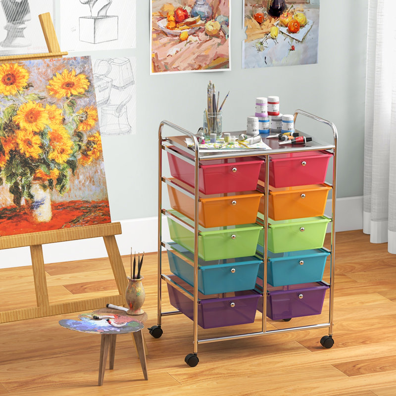 Nally 10 Drawer Storage Drawer with Locking Wheels, Clear Colorful/Silver