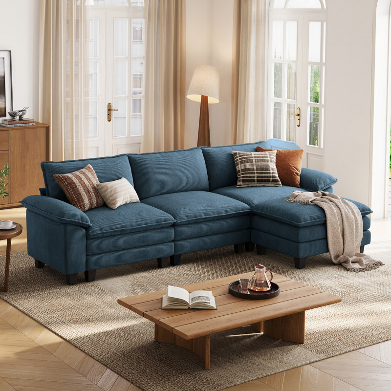 Colbey 123'' Oversized Corduroy Cloud Couch L Shaped Couch, Navy
