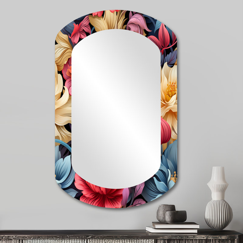 Flowers Boho Damask Dreams I - Floral Traditional Asymmetrical Decorative Wall Mirror, 31" x 19"