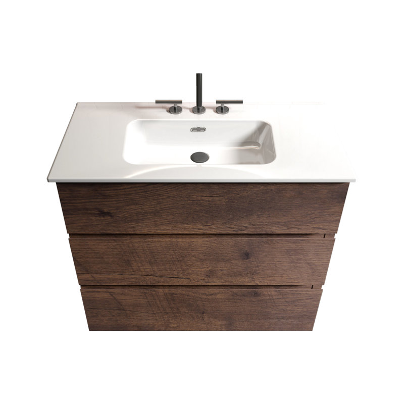 Meuble-lavabo de 36 po en noyer - rangement massif, fonctionnement silencieux, lavabo blanc, pré-assemblé, autoportant, robinet sans drain, espace de rangement moderne maximum, couloir,