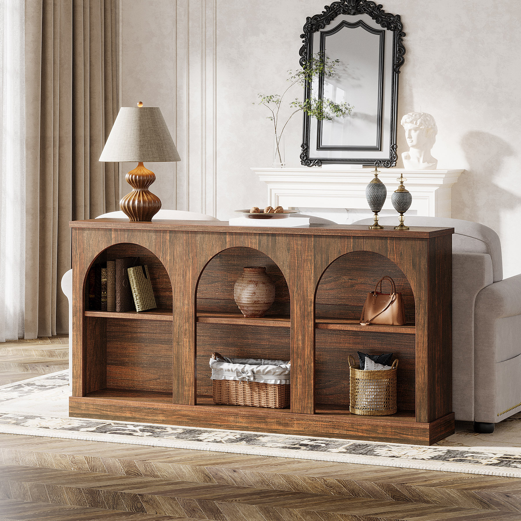 63-Inch Long Farmhouse Wooden Rectangular Entryway Console 3 Tier Storage Sofa Table Behind Couch - Dark Brown