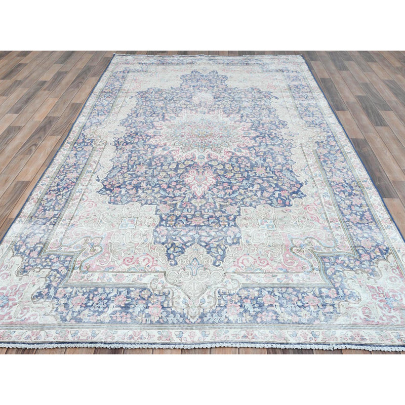 Tapis oriental noué à la main 5 pi 9 po x 9 po x 7 po en laine bleu marine ciselée de style persan Kerman vieilli noué à la main 352FE6B28C9446D0B55B7761BBEAF610