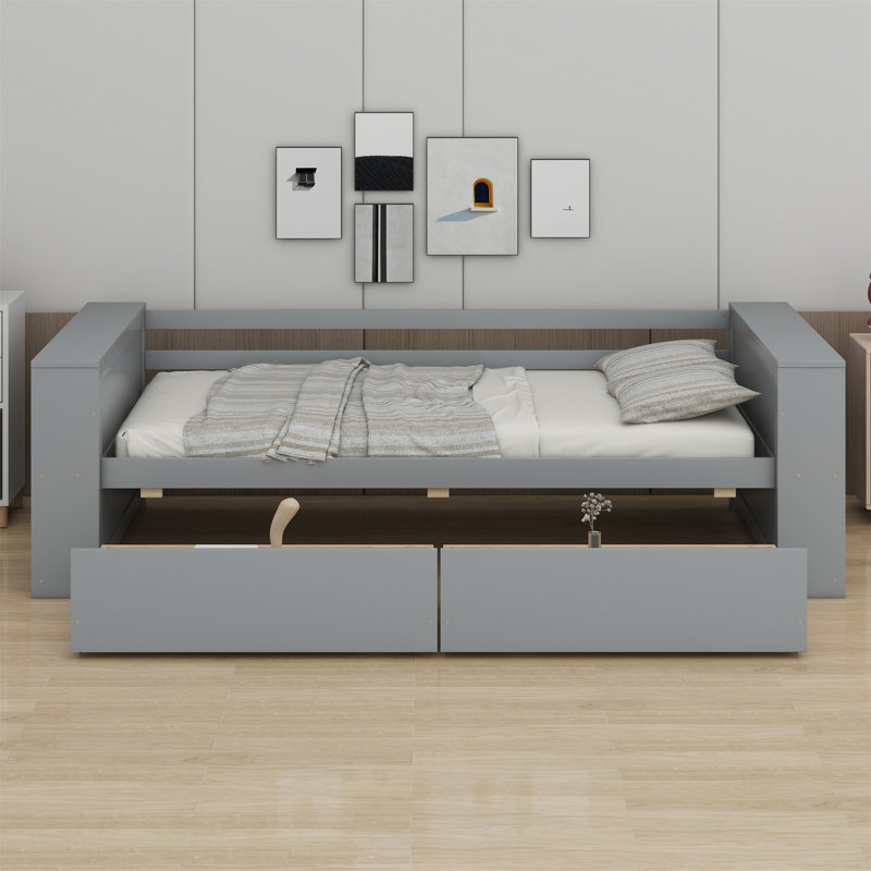 Lit de jour avec tablettes et tiroirs, Gris