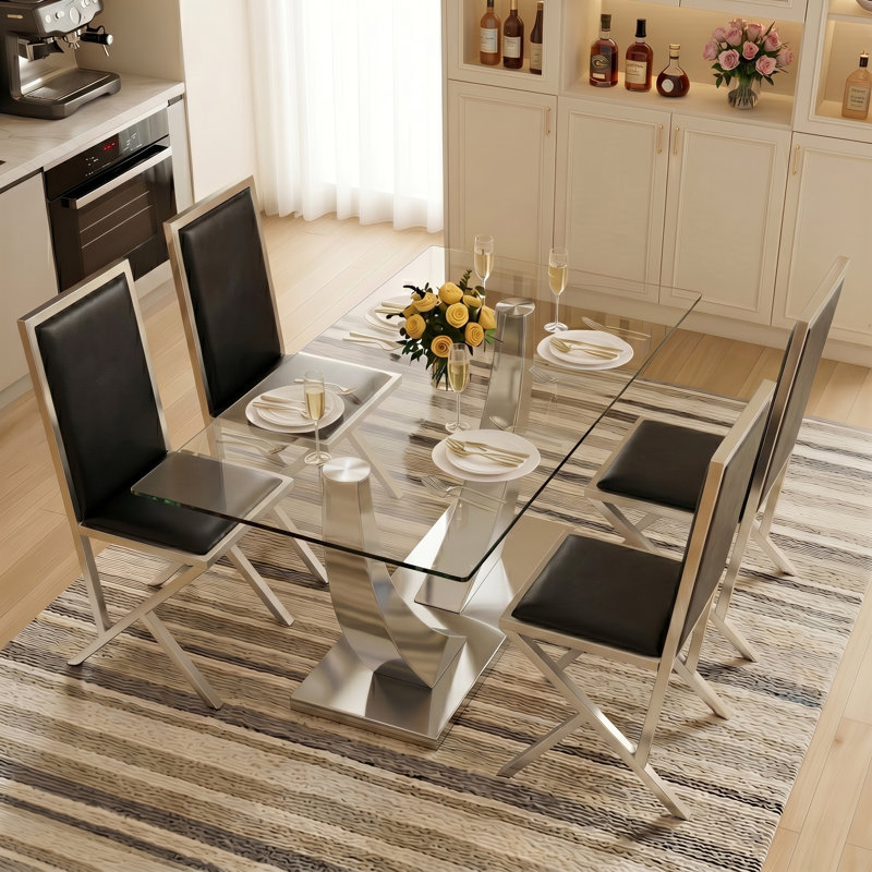 Modern 75" Rectangular Tempered Glass Dining Set, 5 Pieces: Table, 4 Chairs, Silver, Black/Silver