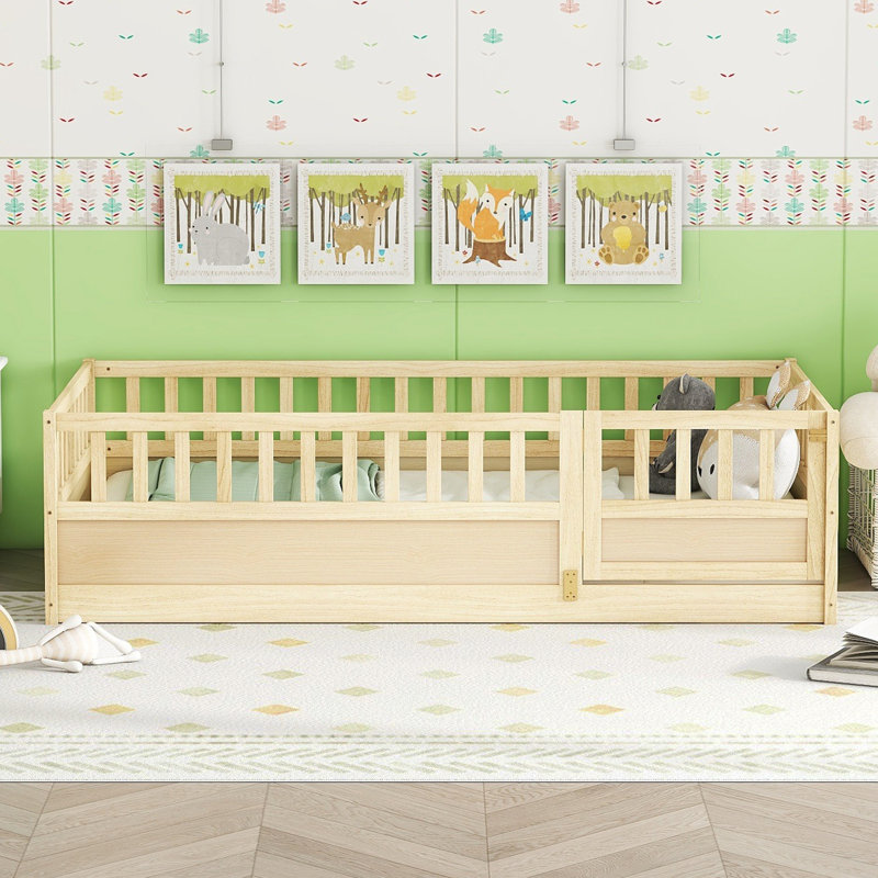 Montessori Wooden Floor Bed with High Security Barrier, Door, Kids Floor Bed Frame, Integral Construction, Natural, Twin