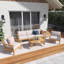 Ensemble de canapé de patio 5 pièces en bois d'acacia de style teck avec coussins beiges, ensemble de conversation en corde tissée à la main avec chaises, table d'appoint et table basse pour le jardin, la cour arrière, la piscine