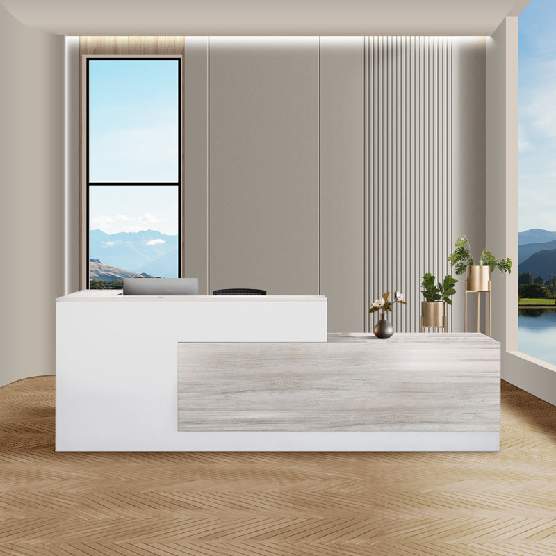 L-Shaped Reception Desk with Lockable Drawers, Computer Desk, and Storage Shelves/Front Desk, 41.33" H x 102.36" W x 39.37" D