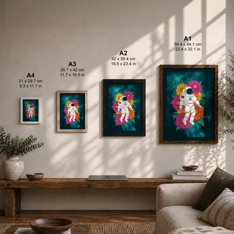 Astronaut Among Flowers Modern - Framed Print, Unframed, A2 - 59.4 x 42.0 cm