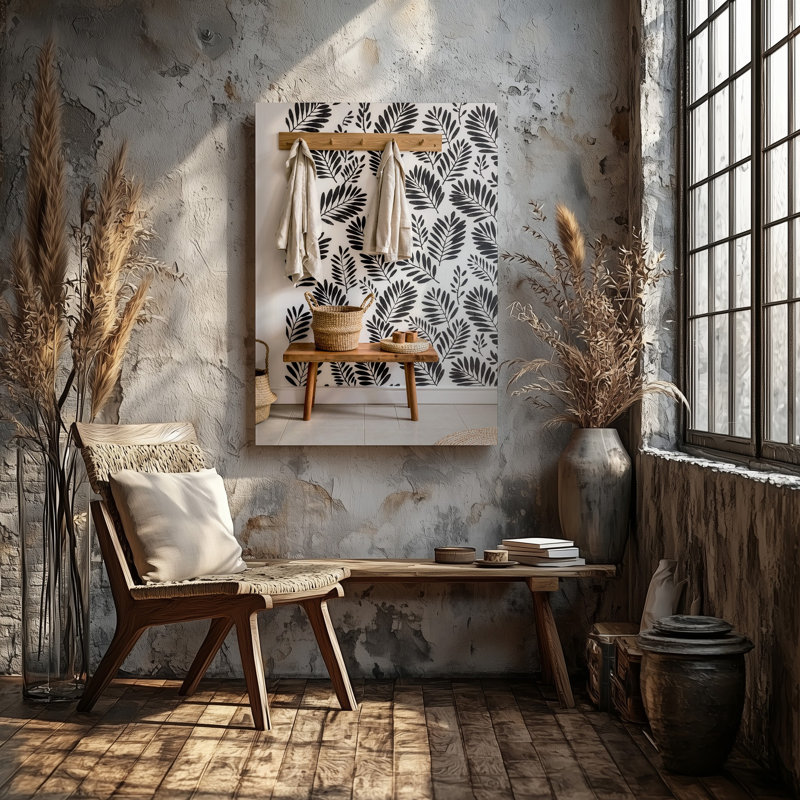 Toile, un hall d'entrée scandinave douillet avec un banc en bois minimaliste avec art mural, H 12 po x l 9 po