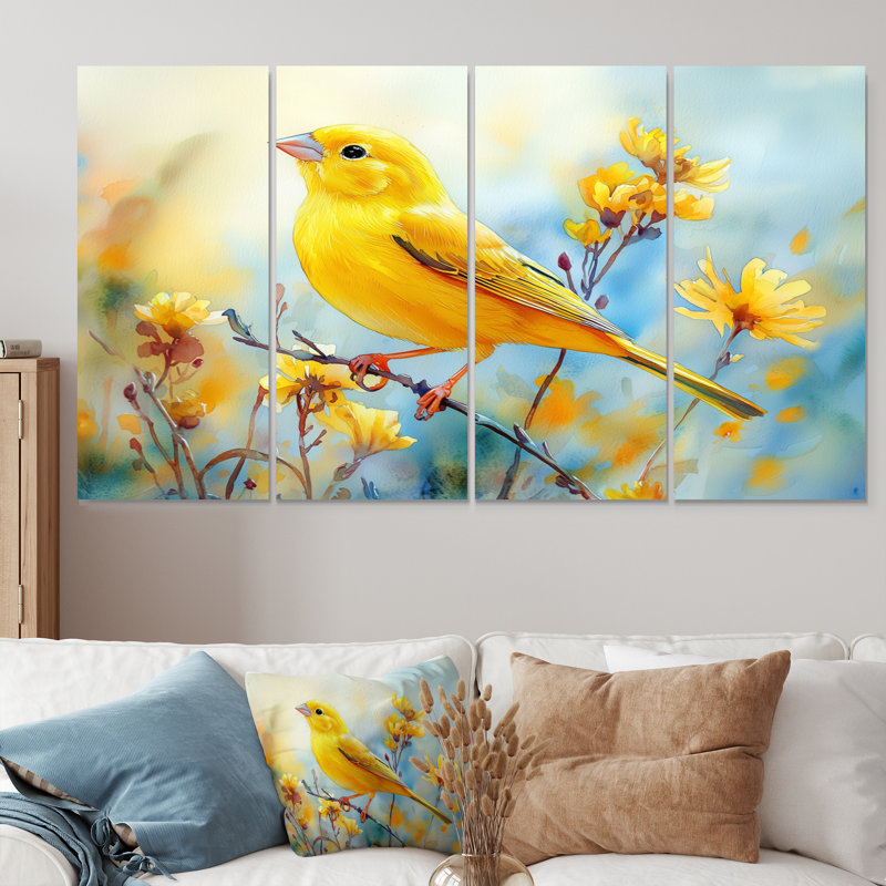 Oiseau pinson sur une tige de fleurs sauvages III - Art mural oiseau - ensemble d'art mural moderne, H 28 po x l 48 po, 4