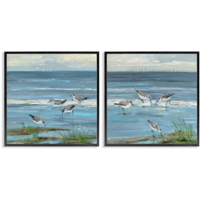 «Beach Shore with Sandpipers & Graminées», ensemble de 2 impressions sur toile encadrées, design par Sally Swatland