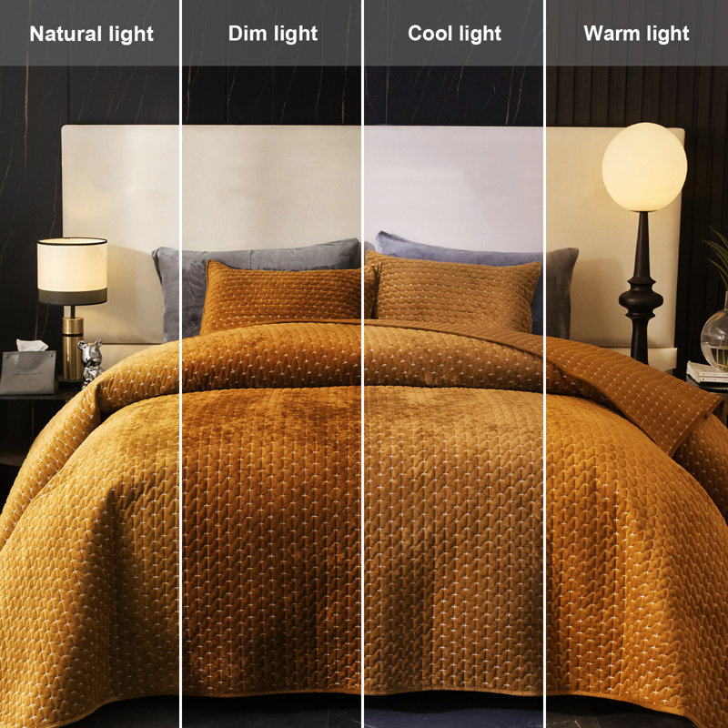 Gold Caramel King Velvet Quilt Set with Pillow Shams