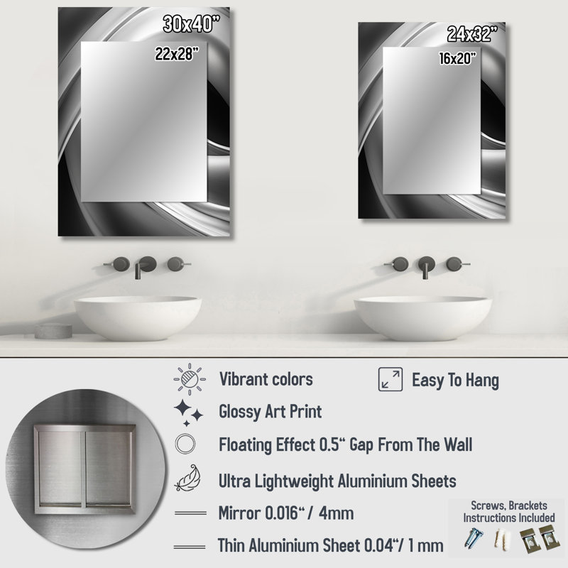 Silver Speed fractal wave II - Fractal Large Wall Mirror, Modern Decorative Mirror, Printed Metal Art, 40" x 30"