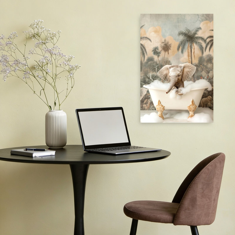«Little Elephant Bubble Bath Playful Serene Elephant Nature Tropical», reproduction d'art mural, H 24 po x l 16 po