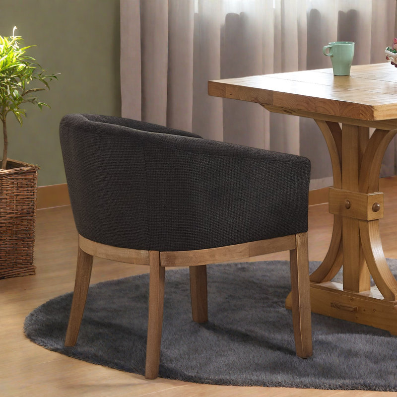Chaise de salle à manger demi-tonneau moderne simple, revêtement en lin avec structure en bois d'hévéa massif, fauteuil d'appoint