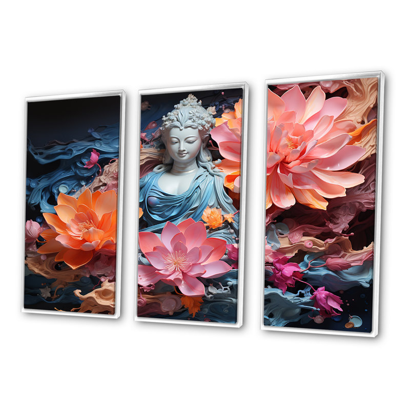 Blooming Buddhism Statue - Ensemble d'art mural sur toile bouddhisme, Cadre flottant blanc, H 32 po x l 48 po x P 1 po