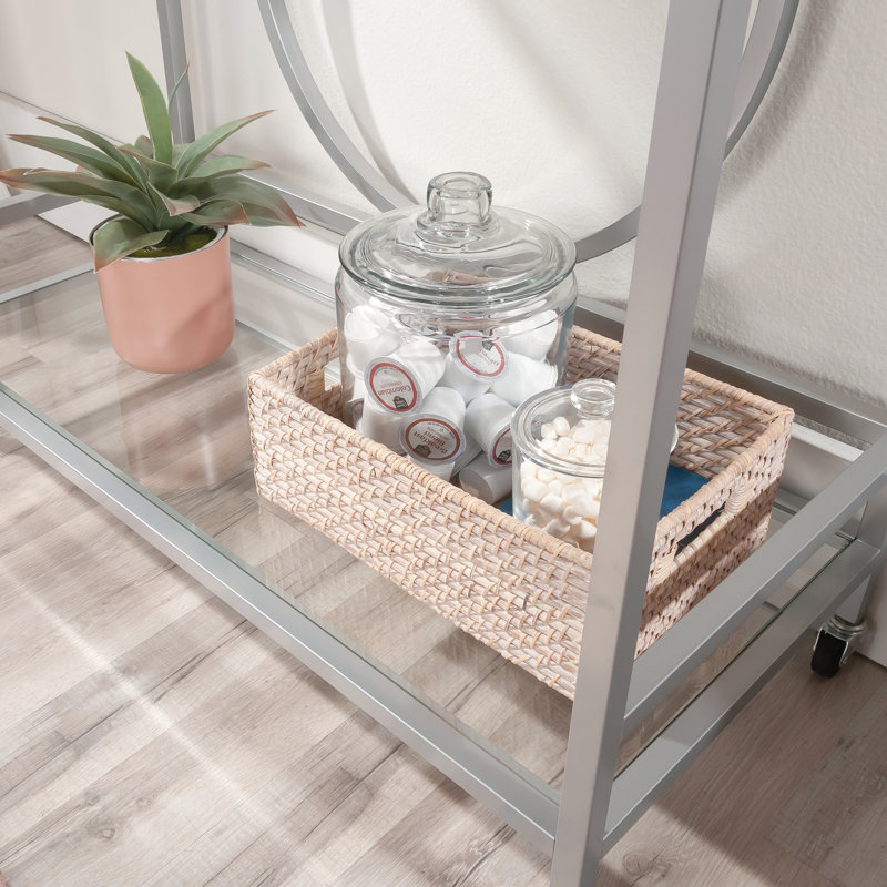 Élégant chariot à roulettes contemporain avec finition grise, verrouillable et deux tablettes en verre pour la cuisine, tablettes stables à longue durée d'utilisation, cuisine, salle à manger facile à assembler
