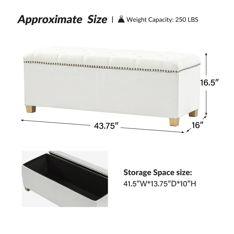 Lauris 43.75'' W Modern Storage Bench with Removable Cover and Nailhead Trim, White