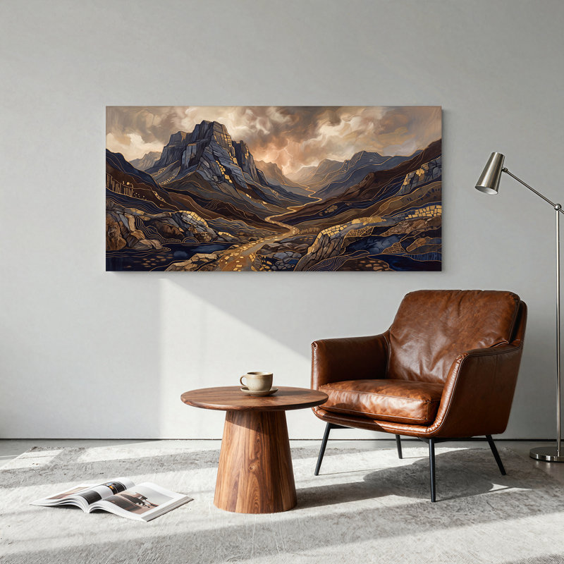 Toile murale représentant une chaîne de montagnes bleues et brunes aux contours dorés, 24"W x 12"H