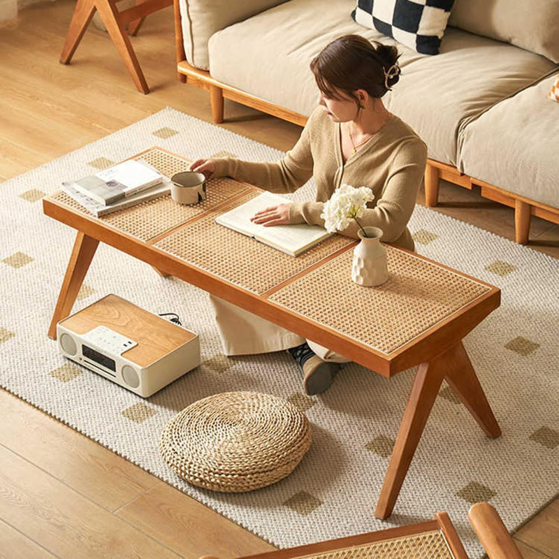 Banc en bois massif naturel Roxy avec revêtement en canne Roxy, Naturel