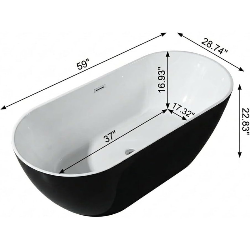 59" Acrylic Freestanding Soaking Bathtub, Modern Square Standalone Tub with Matte Drain & Overflow, Deep Ergonomic Design