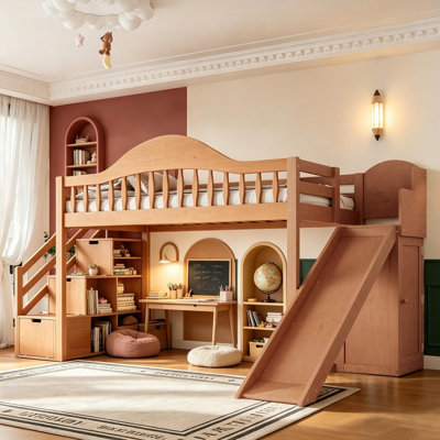 Lit mezzanine en bois pour une personne avec escalier de rangement, glissade et armoire intégrée, cadre de lit robuste en pin avec barrières de sécurité hautes, lit combiné gain de place pour chambres d'enfants et d'adolescents, dortoirs, chambres d'amis, noyer.