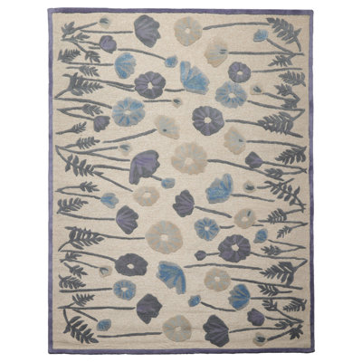 Touffeté à la main botanique contemporaine multicolore en laine et soie beige