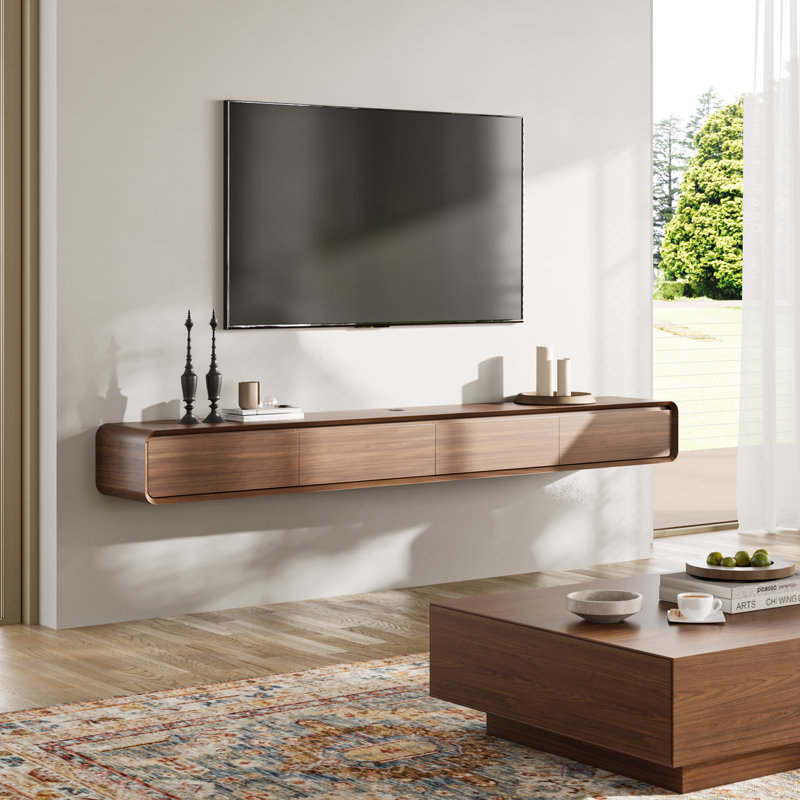 Meuble télé suspendu, centre multimédia avec 4 tiroirs, bois massif, entièrement assemblé, Marron foncé, 94.48''