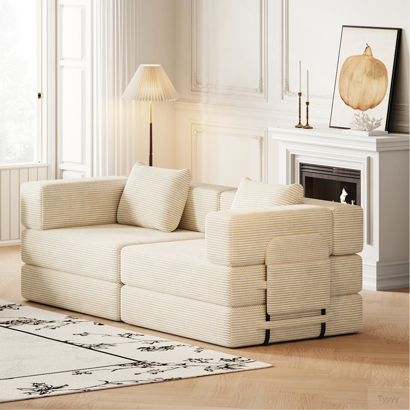 72.4 Inch Convertible Sofa Bed, Corduroy Fabric Sofa With Two Side Storage Pockets And Two Cushions, Comfortable Folding Sofa Bed For Living Room, Bedroom And Study, Carpeted Sofa.
