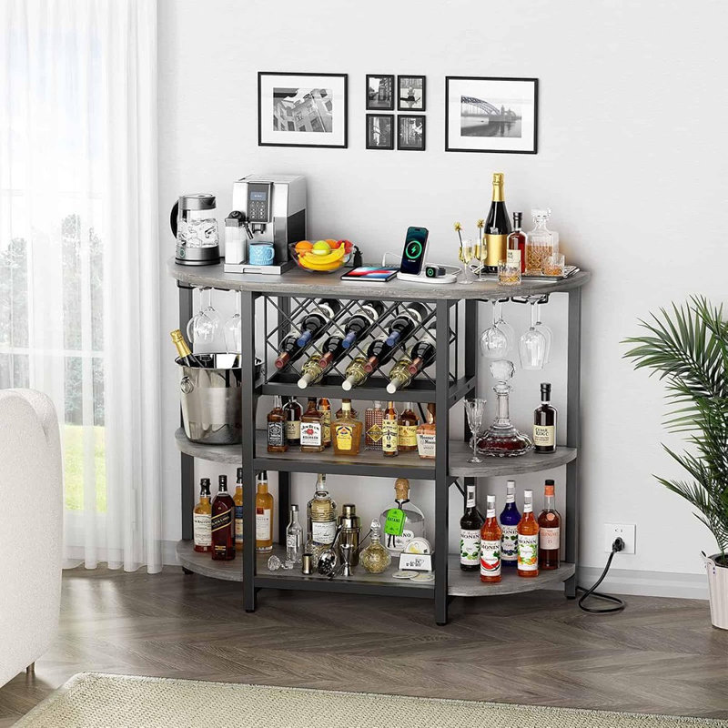 Table-bar avec prise de courant, armoire de bar à domicile pour boissons alcoolisées, mini-bar en métal avec rangement à 4 niveaux