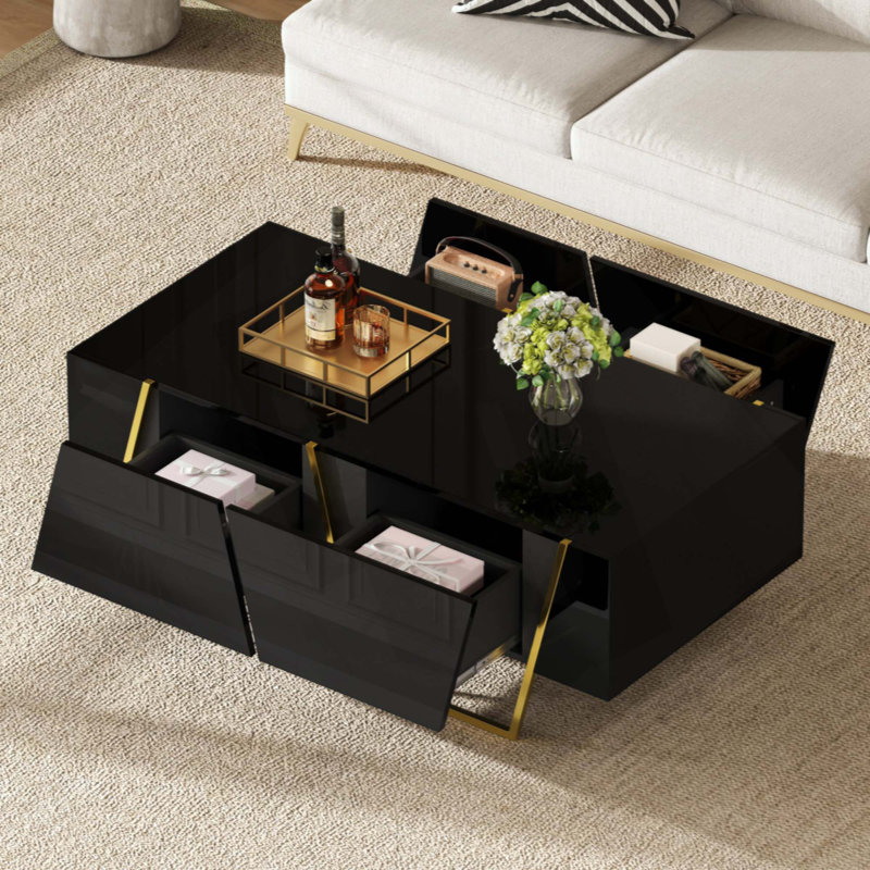 Table basse rectangulaire moderne ultrabrillante pour le salon avec rangement et base, 4 tiroirs