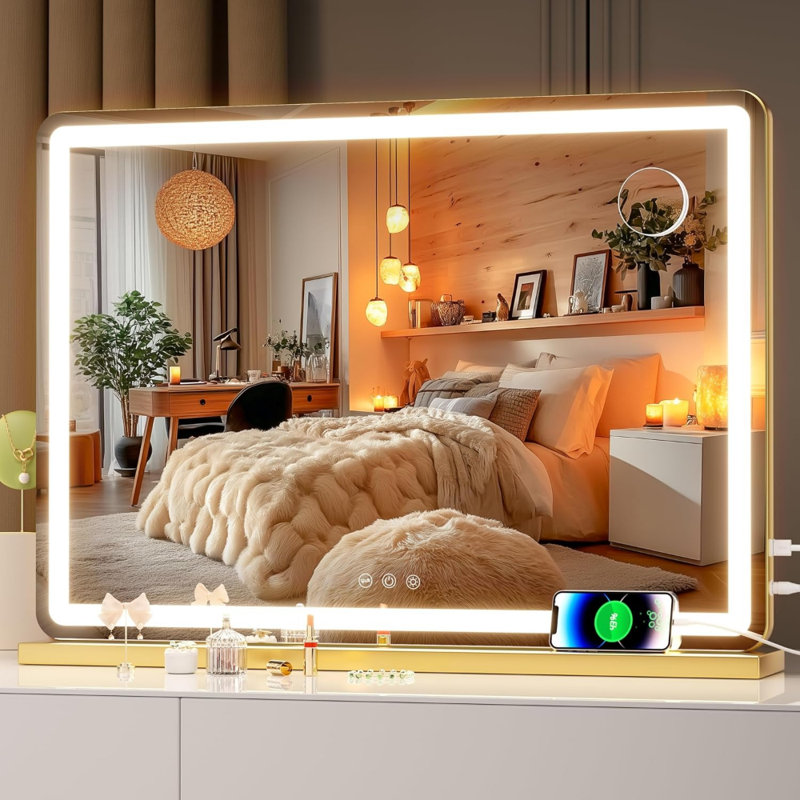 27.6" X 20" Round LED Lighted Makeup Vanity Mirror With Dimmable 3 Colour Modes, Touch Screen Control, Wall Mounted Or Tabletop, Gold Finish
