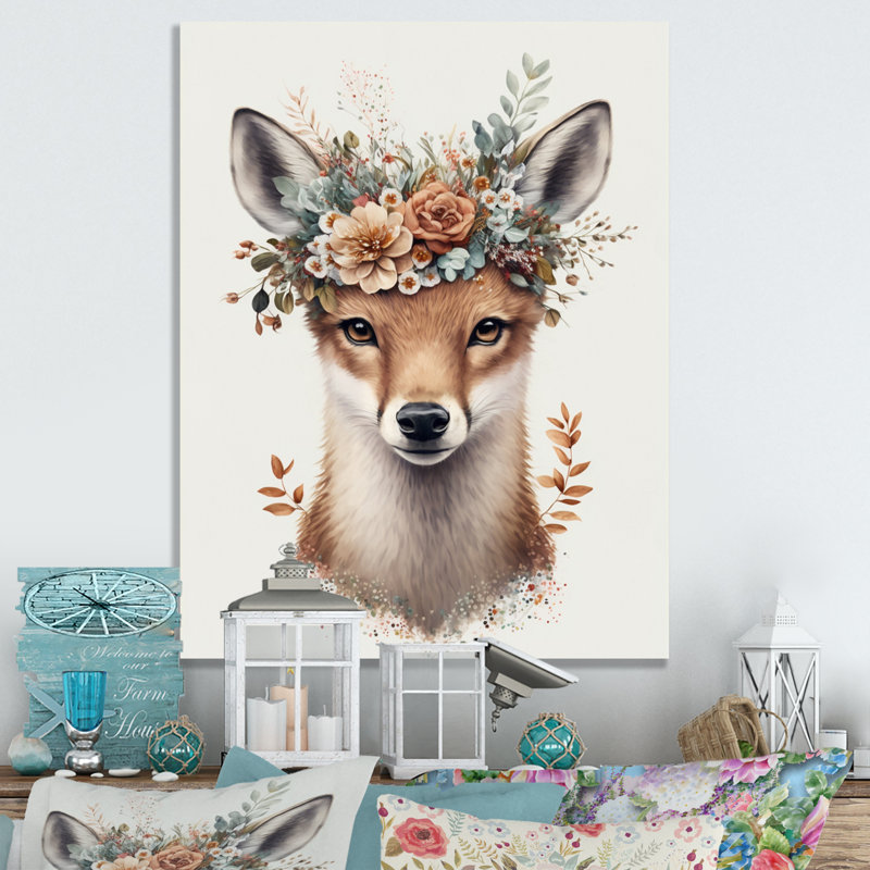 Mignon bébé renard avec couronne florale IV - animaux, art mural sur toile, L 12 po x H 20 po, Toile tendue