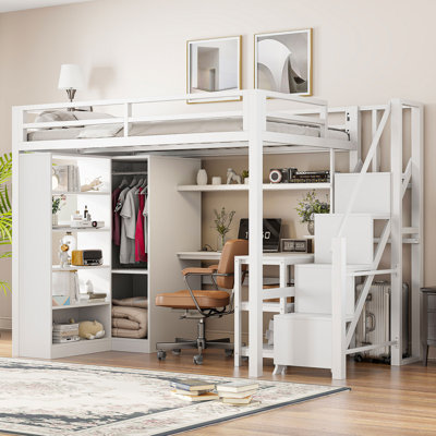 Metal Full Loft Bed With desk, USB Ports, 5-layer shelf,  wardrobe and Stepped Stairs, White