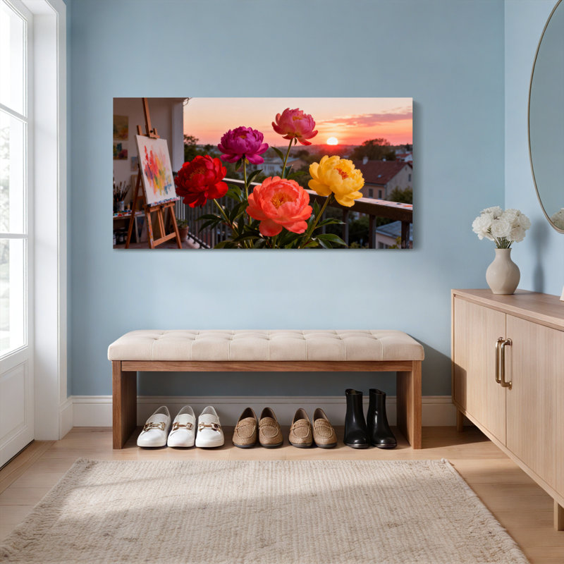 Ensemble de 1 tableau sur toile tendue représentant des pivoines et une vue sur le coucher du soleil depuis un balcon