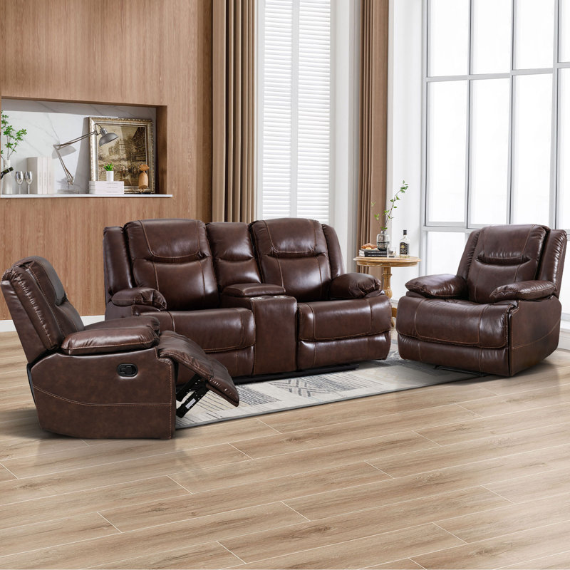 Ageus 3 Piece Modern Top Genuine Leather Reclining Living Room Set-2 Chairs and 1 Loveseat, Brown