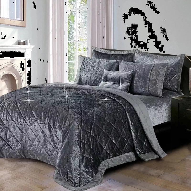 Velvet Bedspread with Pillow Shams, Super King Bedspread+ 2 Standard Shams, Grey