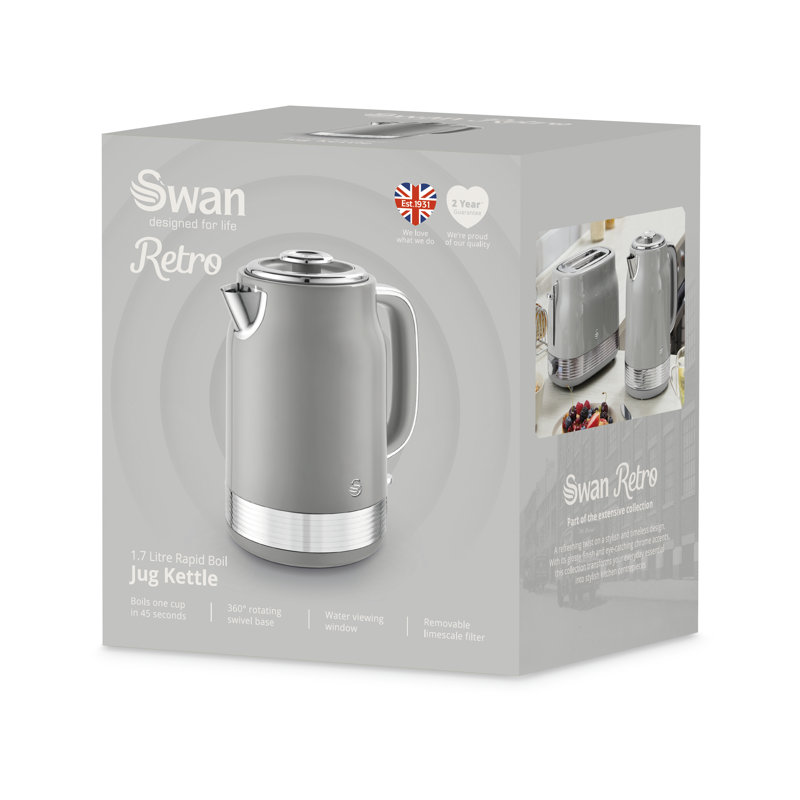 Swan Retro Kitchen Set, 1.7L Rapid Boil Traditional Kettle and 2 Slice Toaster, Non-Slip Feet, Grey