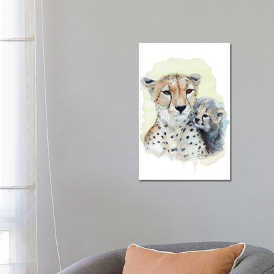 Mother And Baby Cheetahs by Watercolor Luv - Wrapped Canvas Painting