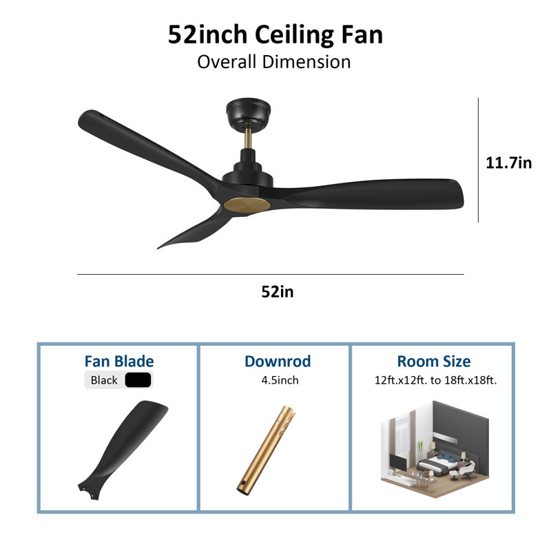 Ventilateur de plafond à moteur à courant continu à 3 pales de 52 pouces Edoarda sans lumière, Noir