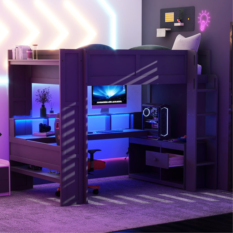Lit mezzanine double en bois avec bureau et multi, source à DEL, station de charge, gris foncé et installation, Lit double