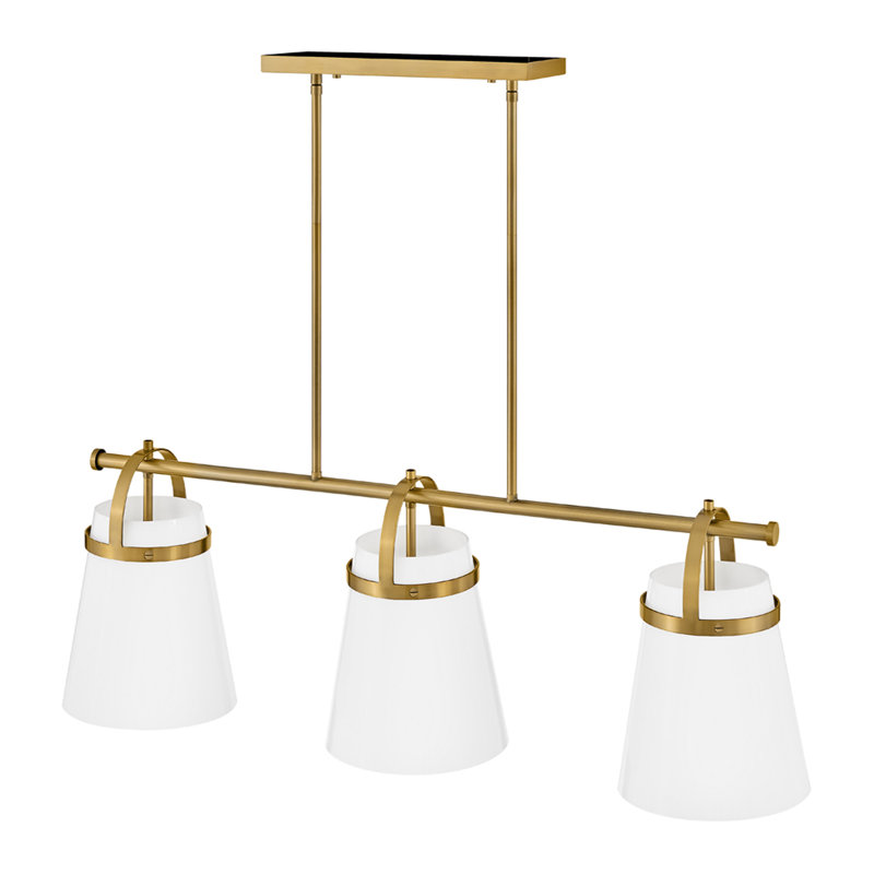 Lustre linéaire à 3 lumières avec abat-jours fuselés Tori, Laiton laqué