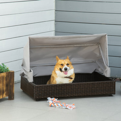 35.5" W x 23.5" D x 25.5" H Rattan Dog Bed Elevated Pet Sofa Foldable Canopy with Removable Bolster Washable Cushion