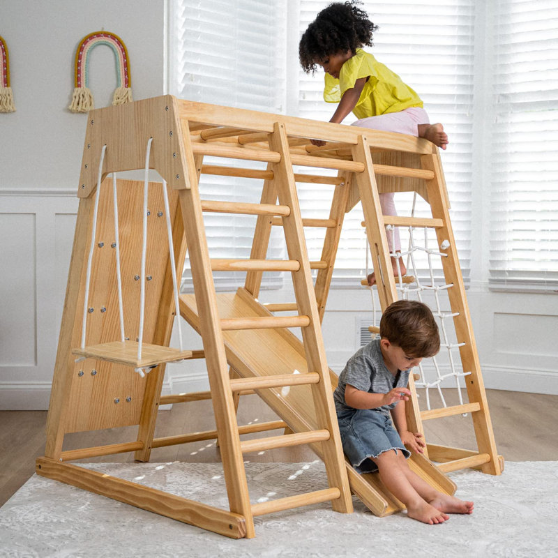 Natural Pine Indoor Climbing Playset with Slide and Swing
