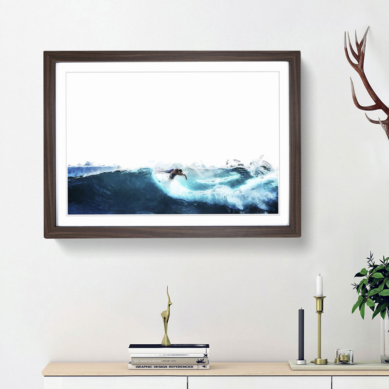 Surfer Riding the Wave in Abstract - Picture Frame Graphic Art Print, 62cm H x 87cm W x 2cm D, Walnut Framed