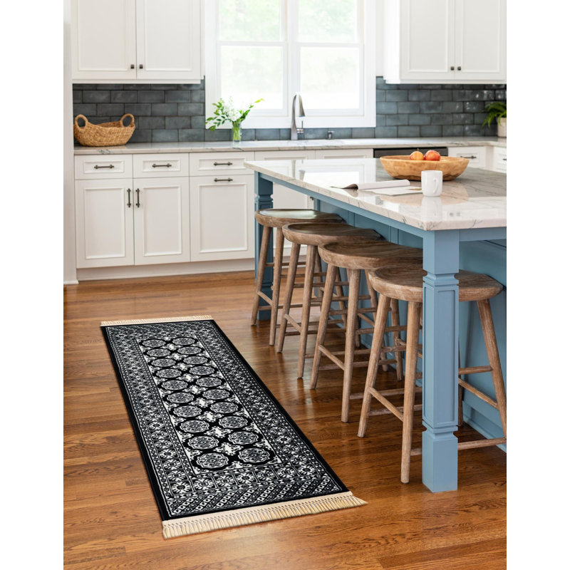 Tapis traditionnel Hinshaw noir et blanc, Tapis de couloir 2 pi x 8 pi
