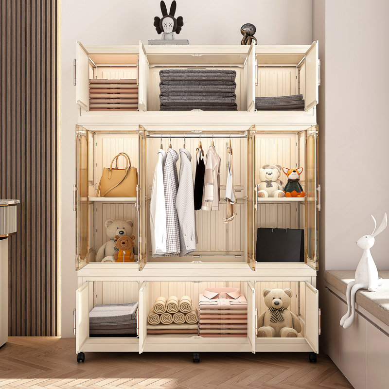 Garde-robe portative extensible avec portes magnétiques, cubes multiples, tringle et cintres pour un rangement efficace des vêtements